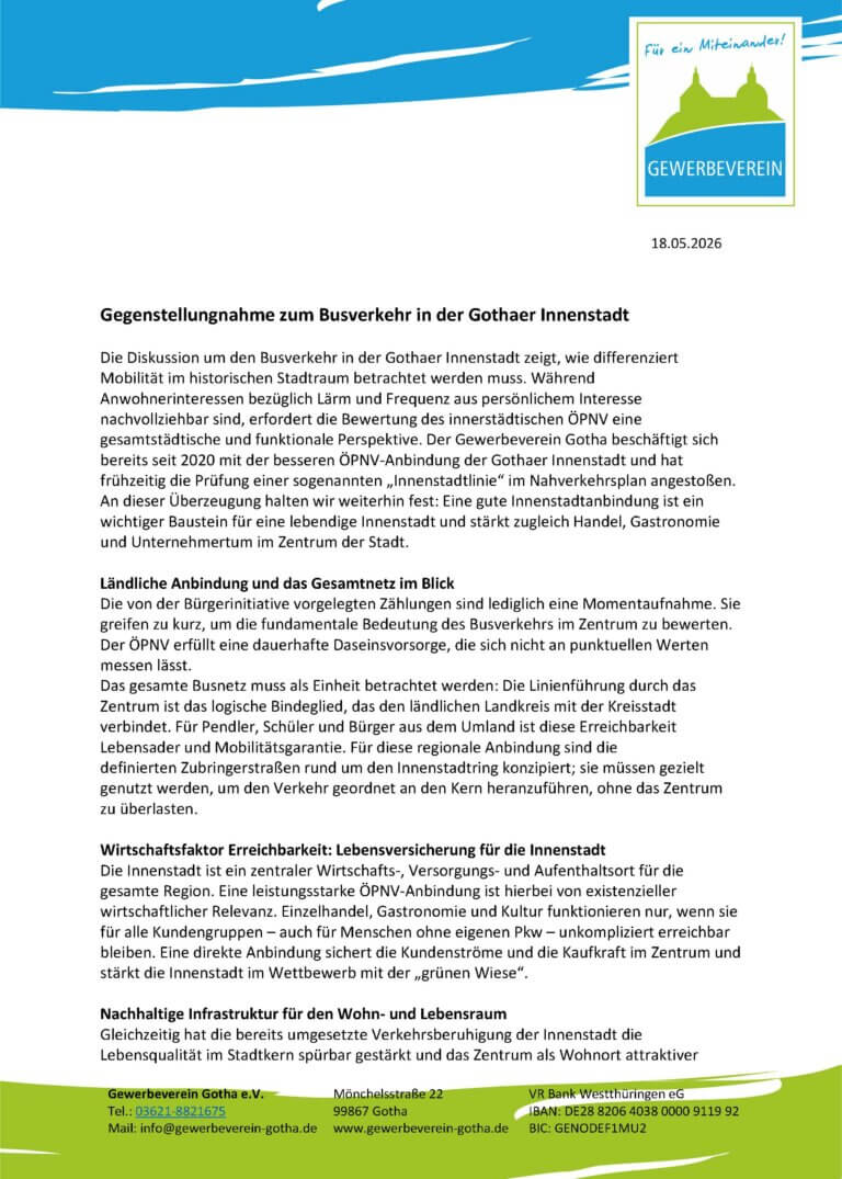 Gegenstellungnahme zum Busverkehr in der Gothaer Innenstadt